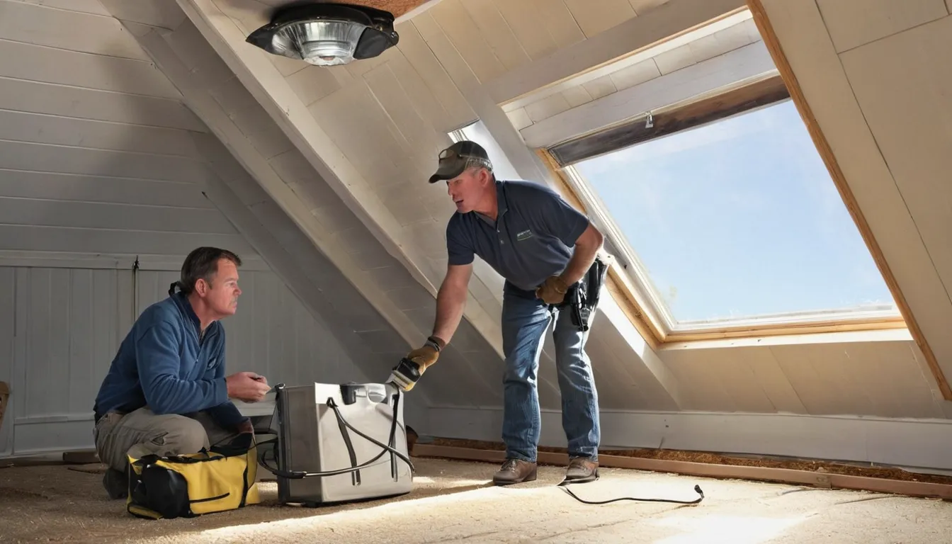 Friendly pest provider checking an attic roofline for animal entry points on a home in Kinnelon