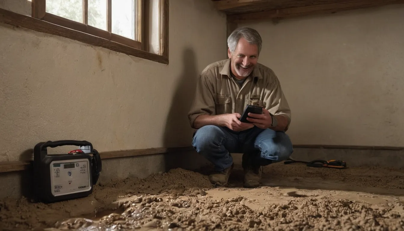 Friendly provider inspecting a stone foundation wall in a Kinnelon home basement with a homeowner